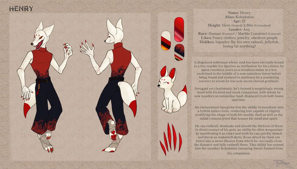 Reference sheet of a white kitsune fox. He looks like an anthro porcelain statue, depicting a white and red kitsune. His jaws are open, revealing sharp, jagged teeth, that look like mineral growth. His open jaws and eyes crack the porcelain around them. The eyes are like amber stones. He's wearing black and red traditional japanese clothes, and foot wraps on his rear paws. His claws are sharp and red, like crystals. An image of an actual small porcelain figurine is attached: it's the form he reverts into.