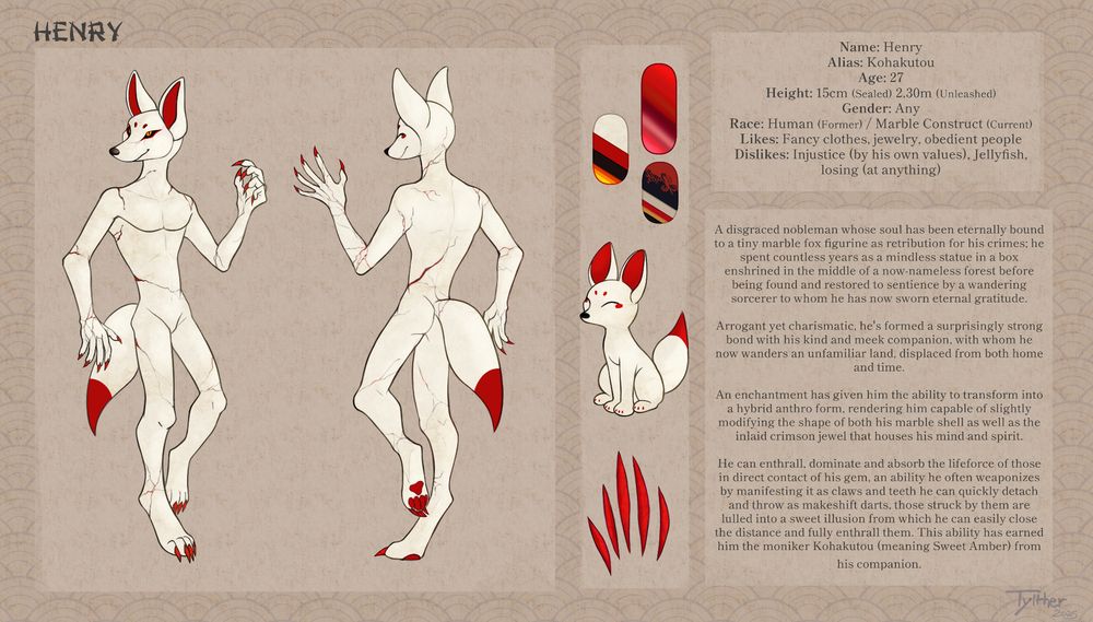 Reference sheet of a white kitsune fox. He looks like an anthro porcelain statue, depicting a white and red kitsune. His open eyes crack the porcelain around them, while the smile looks to be painted on. The eyes are like amber stones. There are cracks all over his porcelain white body, revealing a mineral red where his muscles should be. His claws are sharp and red, like crystals. An image of an actual small porcelain figurine is attached: it's the form he reverts into.