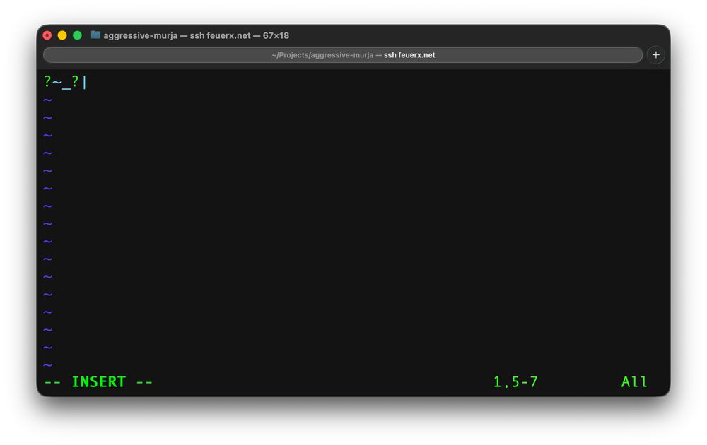 vim, jossa lukee auki olevassa puskurissa "?~_?|"