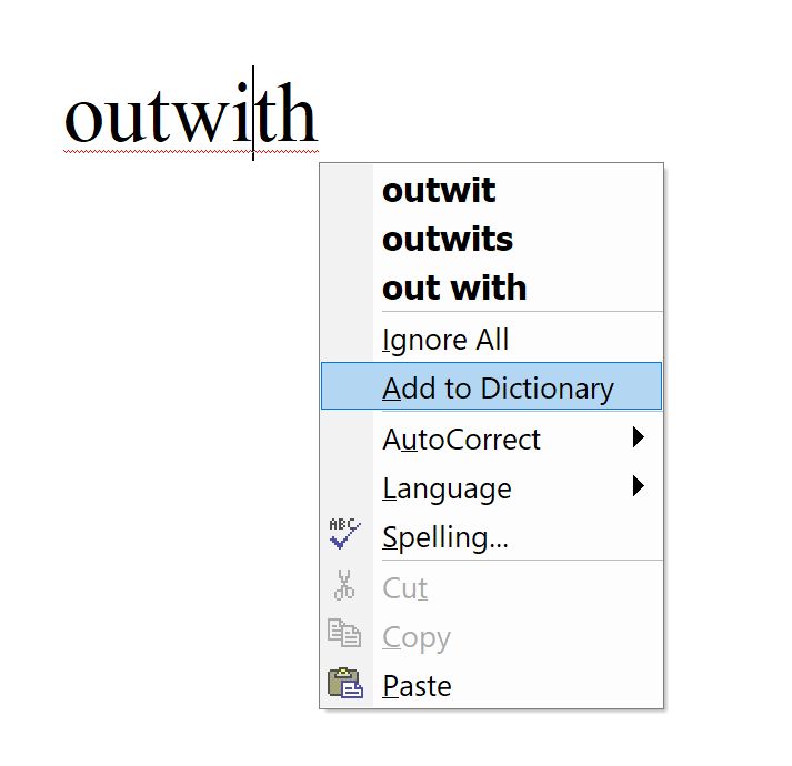 Screenshot of Microsoft Word 2002, showing the word 'outwit' underlined in red to denote an incorrectly spelled word, then the context menu clicked for this word with AutoCorrect suggestions, and the option Add to Dictionary highlighted 