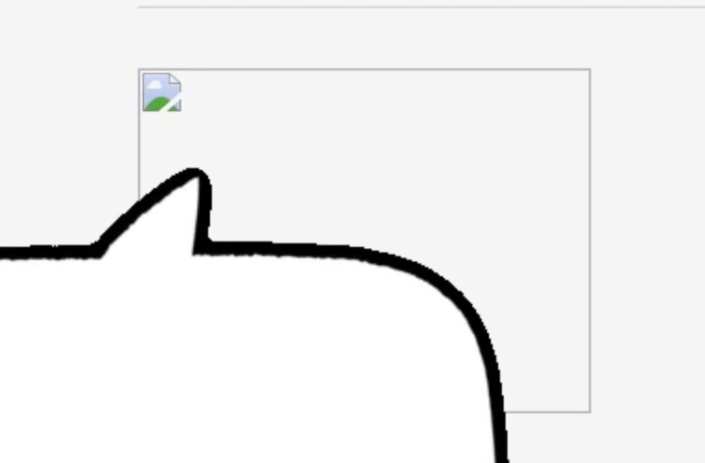 a web browser showing an image failed to load image, with a speech bubble badly photoshopped over it