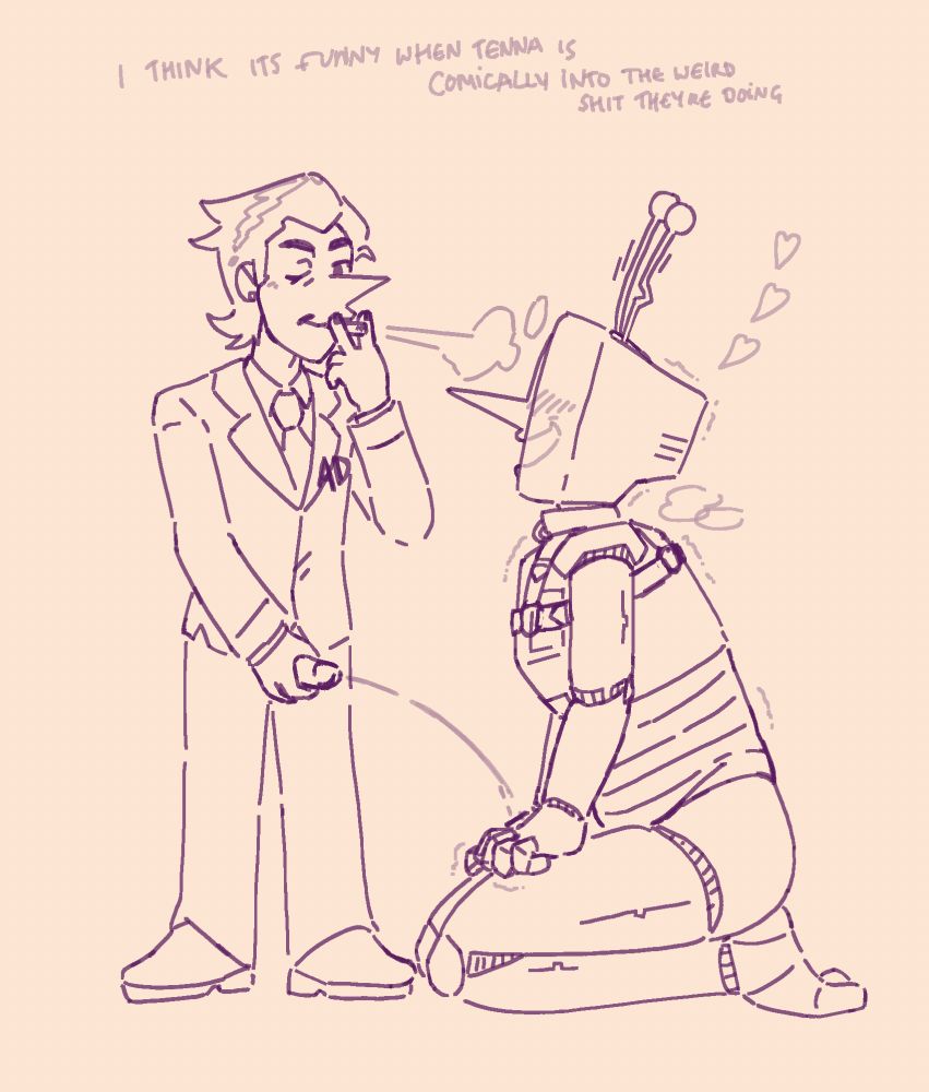 Image of big shot era spamton casually peeing on tenna and blowing smoke into his face. Tenna is kneeling on the floor naked aside from wearing a leather collar and harness. Tenna looks ecstatic and is trembling with joy. The text reads “I think it’s really funny when tenna is comically into the weird shit they’re doing”