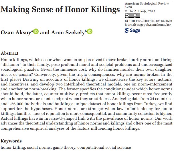Details of the publication with abstract which reads: Honor killings, which occur when women are perceived to have broken purity norms and bring “dishonor” to their family, pose profound moral and societal problems and underrecognized sociological puzzles. Given the immense cost, why do families murder their own daughter,
niece, or cousin? Conversely, given the tragic consequences, why are norms broken in the first place? Drawing on accounts of honor killings, we characterize the key actors, actions, and incentives, and develop two interlinked theoretical models, one on norm-enforcement
and another on norm-breaking. The former specifies the conditions under which honor norms should hold, the latter, counterintuitively, predicts that honor killings occur most frequently when honor norms are contested; not when they are strictest. Analyzing data from 24 countries and ~26,000 individuals and building a unique dataset of honor killings from Turkey, we find support for the hypotheses. Honor norms are stronger when laws offer leniency for honor killings, families’ loss of reputation is more consequential, and community cohesion is higher. Actual killings have an inverse-U-shaped link with the prevalence of honor norms. Our work advances the theoretical understanding of honor norms and killings and offers one of the most
comprehensive empirical analyses of the factors influencing honor killings.