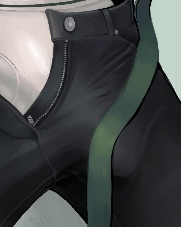 closeup of a painting of a semi-erect dong in in some jeans