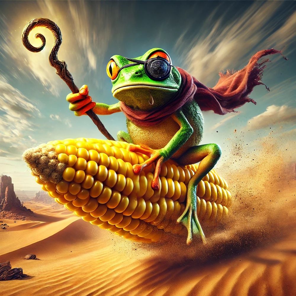 An AI generated image of a frog riding a corn on the cob through the desert. The frog has an eye patch a cloak and a crooked staff. It’s kinda teenage in its style. 