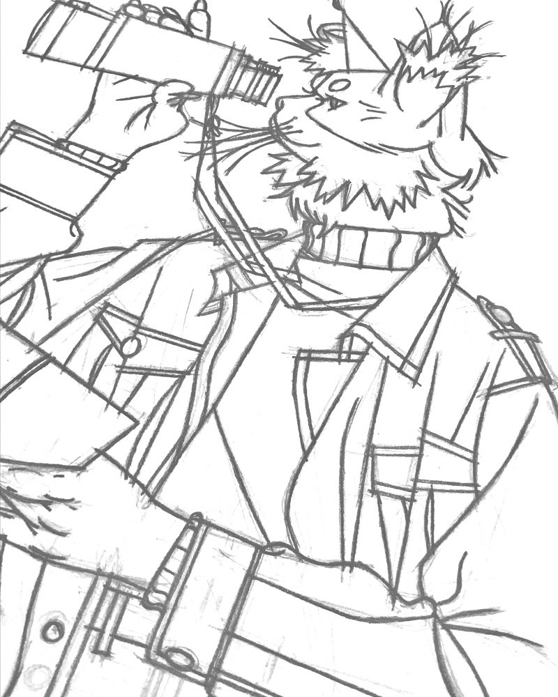 WIP of Kitty Aviator holding a book and binoculars.