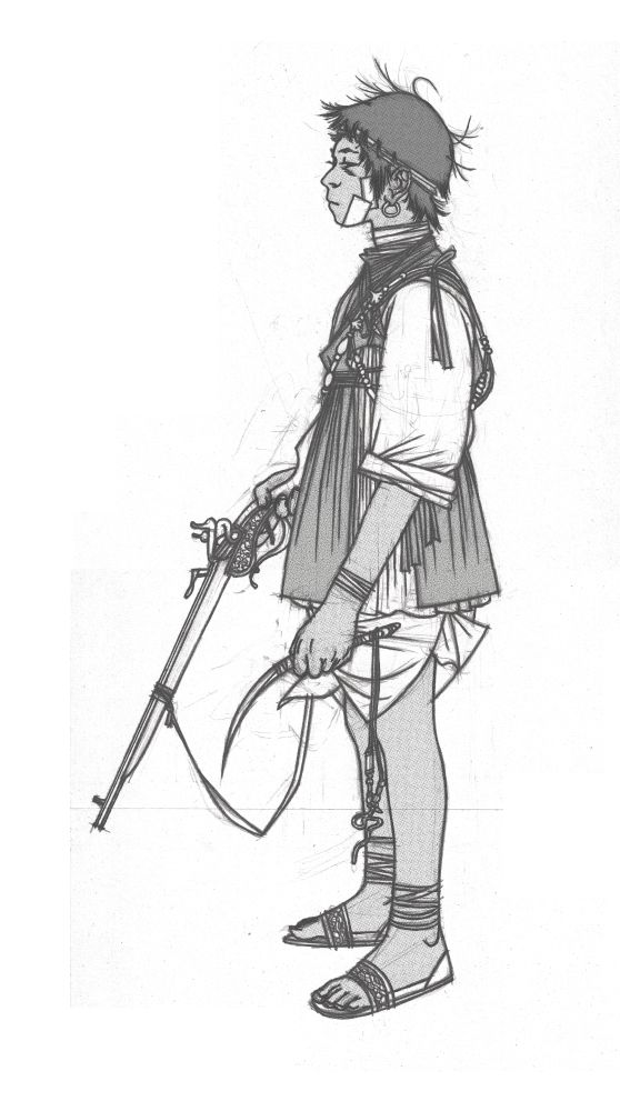 Young man holding a rifle and a sharp looking knife. He's wearing a light colored dress tied under the armpits over a large white shirt with its sleeves rolled up. His skirt is tucked in for easier movement. Possibly they/them but I'm not sure. They look REALLY out of it.