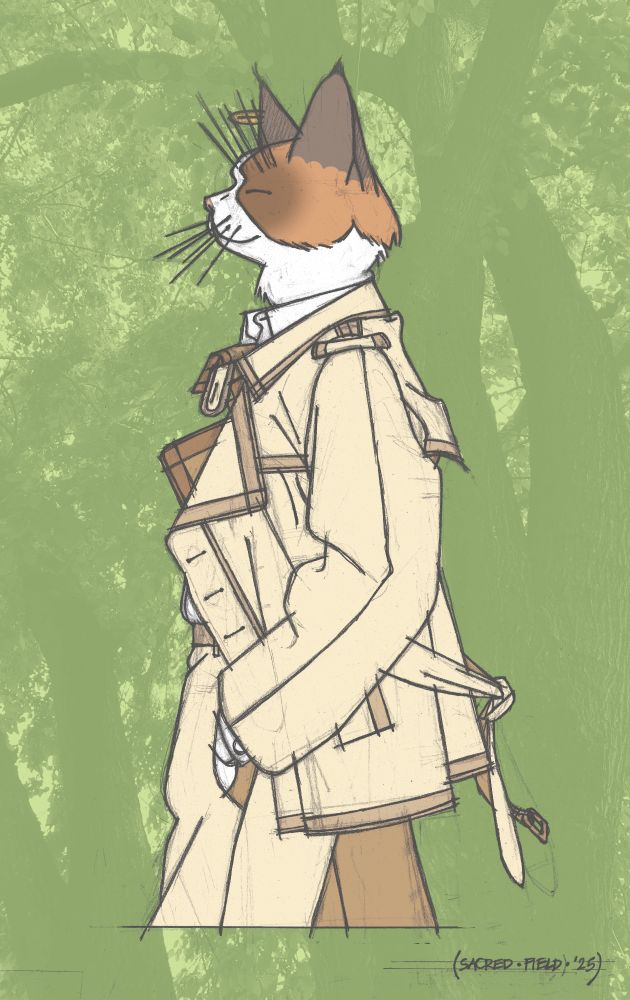 Catman on a walk, wearing a sand colored trench coat and dress pants. It's hot so he put on a white shirt.