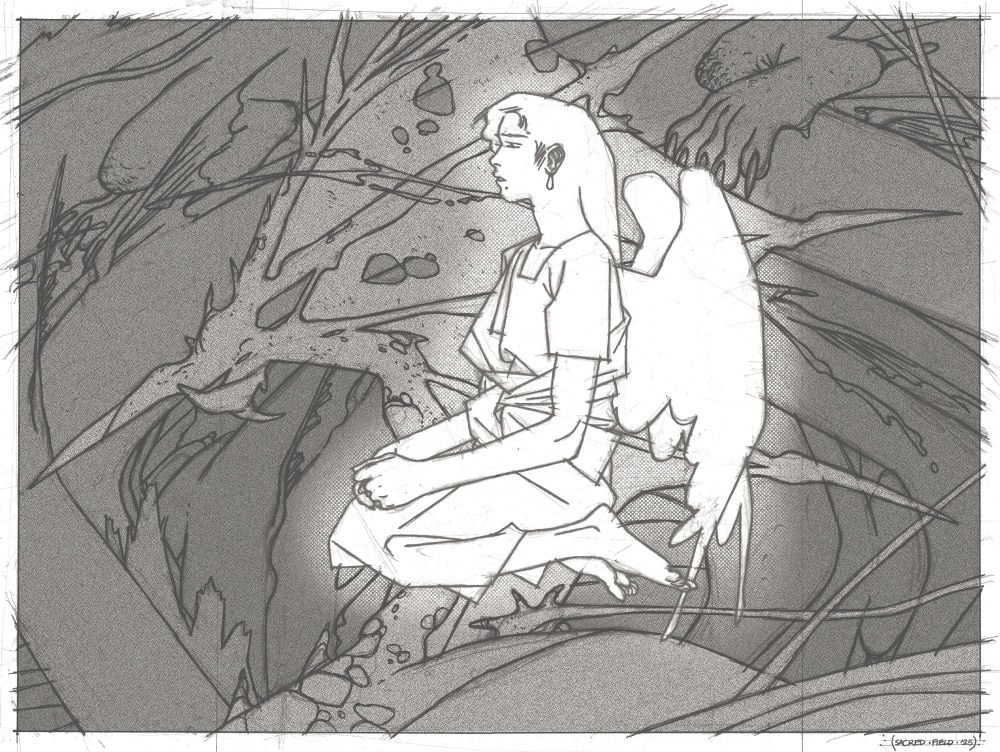 BW illustration of an angel in a kneeling position, levitating over a huge dark winged beast with fish-like features. She's framed by its wing.