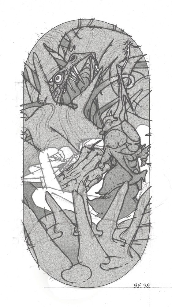 Illustration of the fourteenth sermon of the 36 Lessons of Vivec. Headless Vivec getting manhandled by Molag Bal for eight days and nights, as per scripture.
