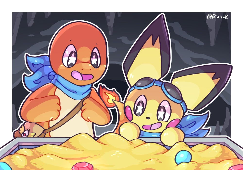 Tyko the charmander and Zip the pichu looking into a treasure chest filled with riches
