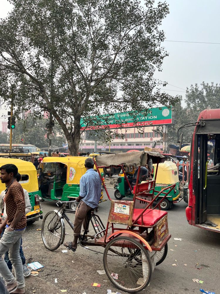 The image captures a busy street scene filled with auto-rickshaws and pedestrians. In the foreground, a man is seen standing next to a bicycle rickshaw, which has a red seat and a canopy. The background features a large tree and a green sign indicating a nearby train station. The area appears crowded, with various vehicles and people navigating the street. The atmosphere is bustling, typical of urban environments. The sky is overcast, contributing to a hazy appearance in the scene.