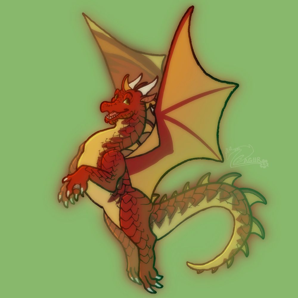 Digital drawing of a red and yellow dragon flying with their wings up and paws together 
#scalie