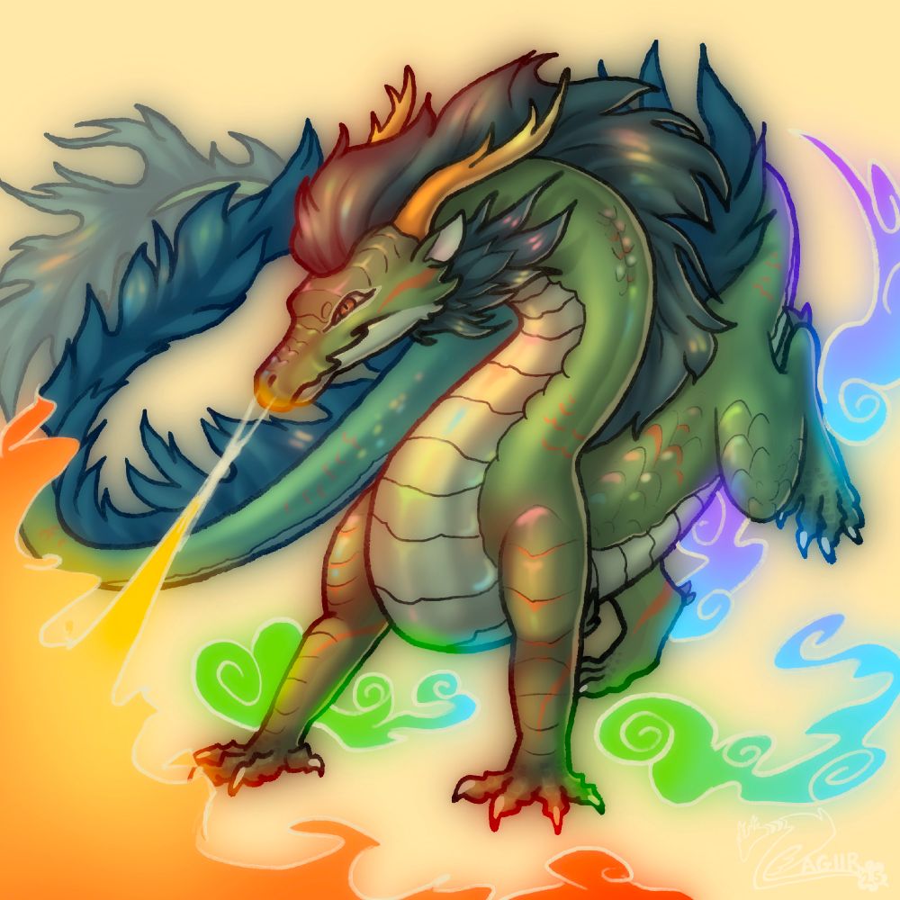 Digital drawing of a green noodle / eastern dragon. The scales and hair are iridescent. The dragon is breathing out yellow orange and red fire. There are four clouds following the character’s feet that are green blue and purple. 

