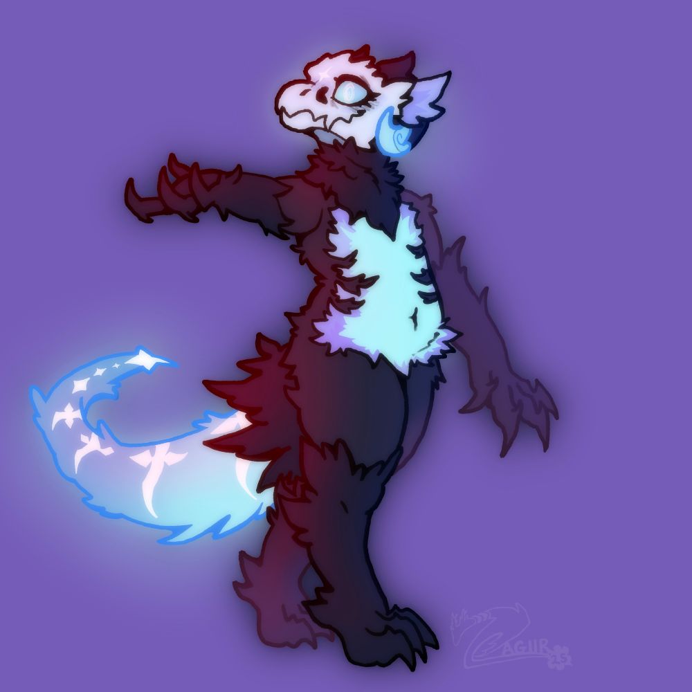 Digital drawing of a undead furry kobold who has a white skull, light blue eyes, black fur and a glowing gradient light blue to purple tail
#furry #scalie
