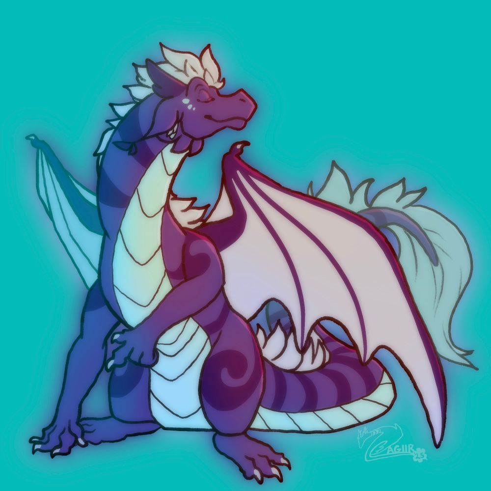 Digital drawing of a purple dragon with darker purple markings. White under belly, wings, and fur. The character sits, head pointed up with their eyes closed
