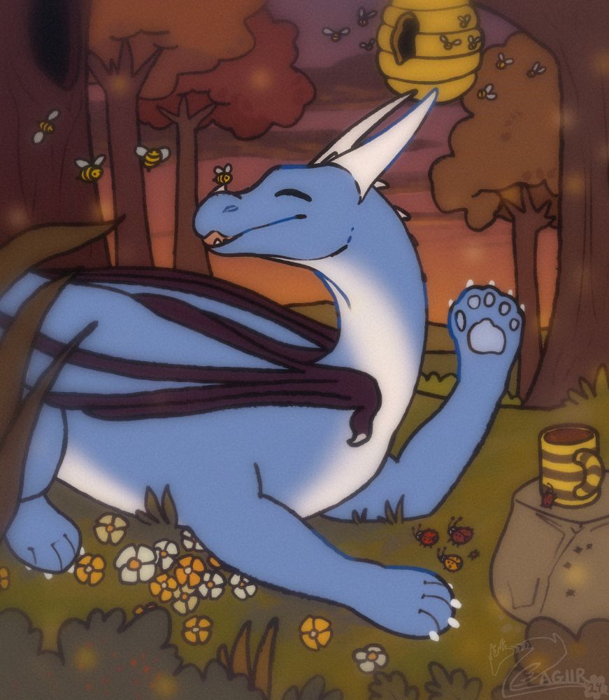 A friendly blue dragon laying down in a forest. She is surrounded by foliage, flowers, and bugs. She is greeting a bumble bee that is sitting on her nose.