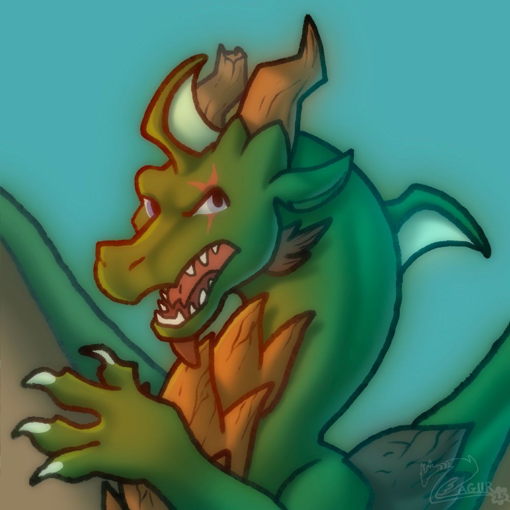 Digital drawing of a green earth dragon with their mouth open and teeth showing 