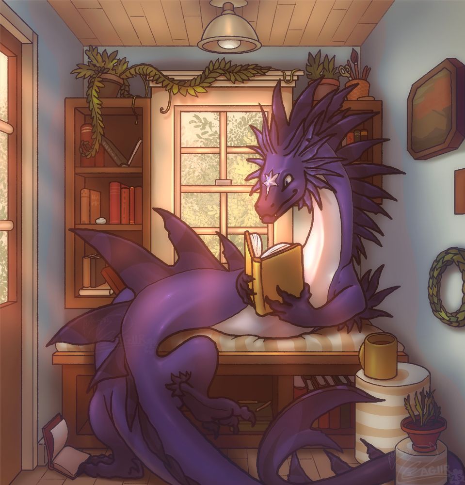 A long blue purple noodle dragon half resting on a cushioned bench, half standing on the floor, reading a book in a book nook. They have coffee or tea in a mug besides them. A window with warm light behind them. Books and clutter fill the small space