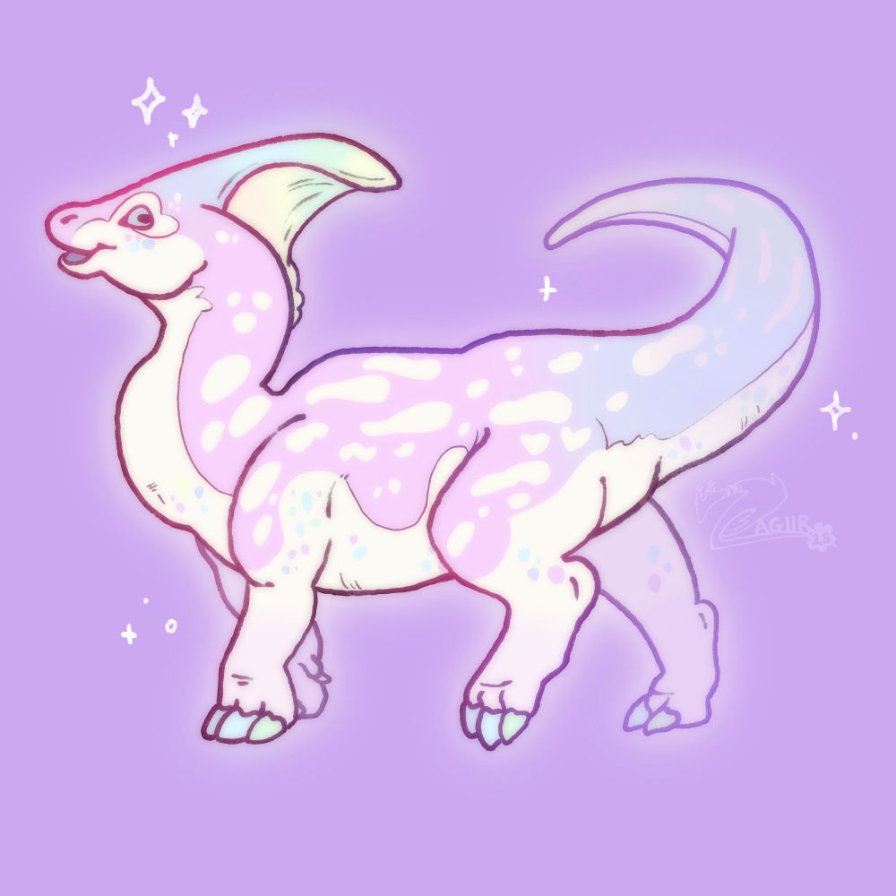 Digital drawing of a Parasaurolophus dinosaur that’s underbelly is white and a pastel pink, purple, blue, and green rainbow on the upper half of the body.
#ark #jurassic 
