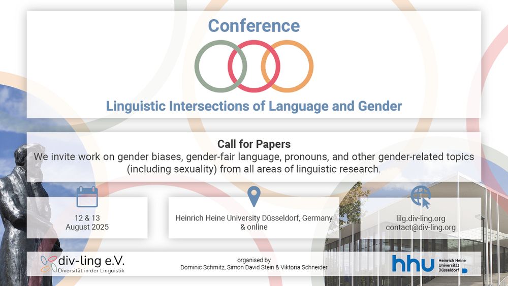 Conference poster titled "Linguistic Intersections of Language and Gender," inviting papers on gender-related topics, hosted at Heinrich Heine University Düsseldorf, August 12-13, 2025.