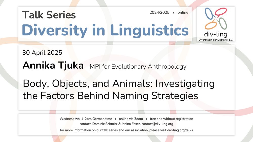 Invitation to a talk by Annika Tjuka on 30 April 2025 at 1pm German time with the title "Body, Objects, and Animals: Investigating the Factors Behind Naming Strategies". 
It further states that the talks of the series take place Wednesdays, 1-2pm German time, that they are free and that registration is not required. 
Contact persons are Dominic Schmitz and Janina Esser via the email contact@div-ling.org. 
For more Information on the talk series and the association, please visit div-ling.org/talks.