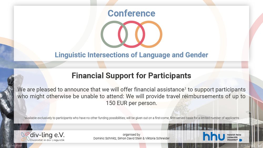 Image titled "Linguistic Intersections of Language and Gender," with a text on financial support in form of travel reimbursements of up to 150 EUR for those without other funding options.