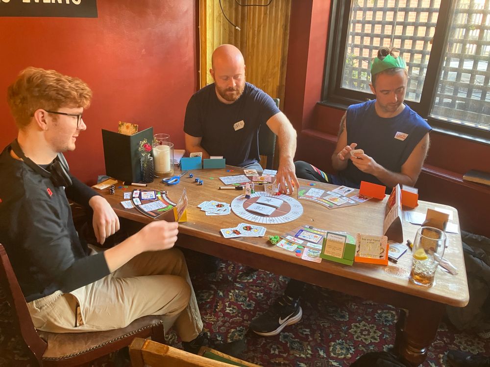 Playtesters try a new game design themed on a pub crawl night out. 