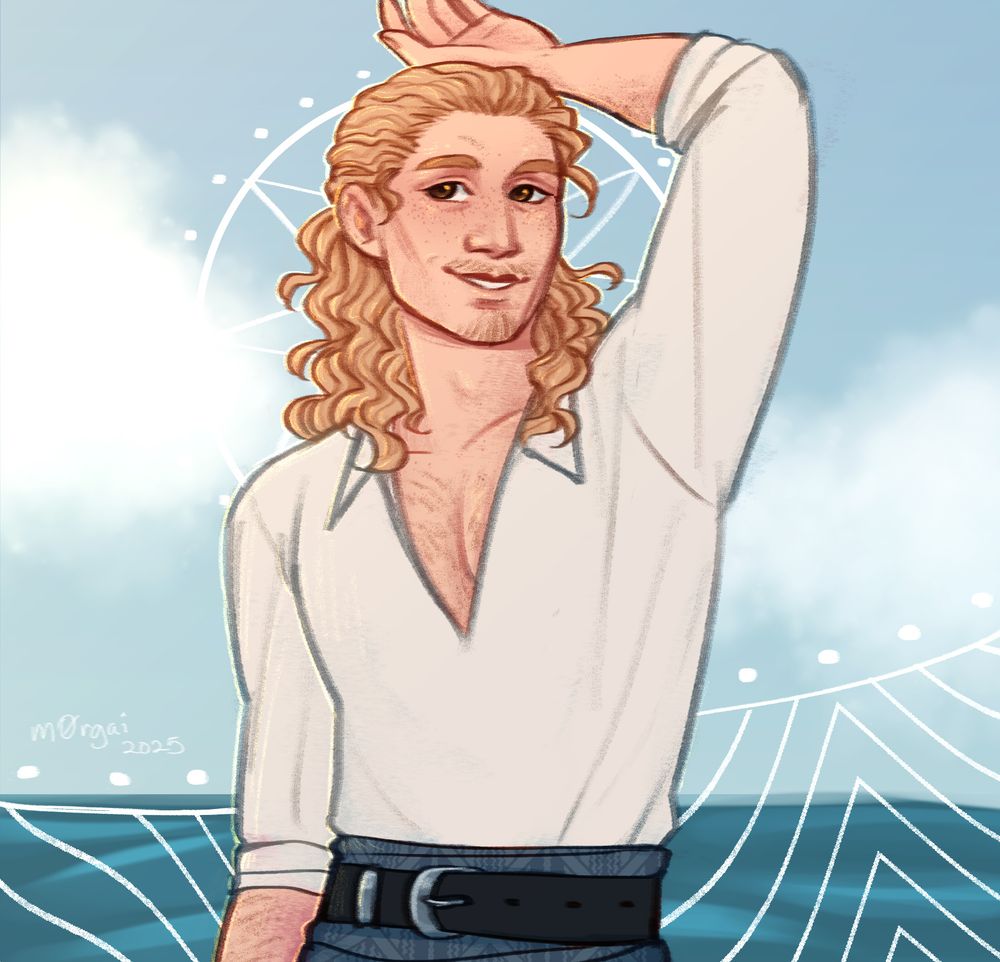 Half body drawing of Elf's pirate OC Liam. Liam has pale skin and shoulder length blonde hair which is half tied back. He has a small moustache and beard and brown eyes. He has one arm raised behind his head and looks past the viewer with a smile. He wears a low cut white shirt with the sleeves rolled up. 