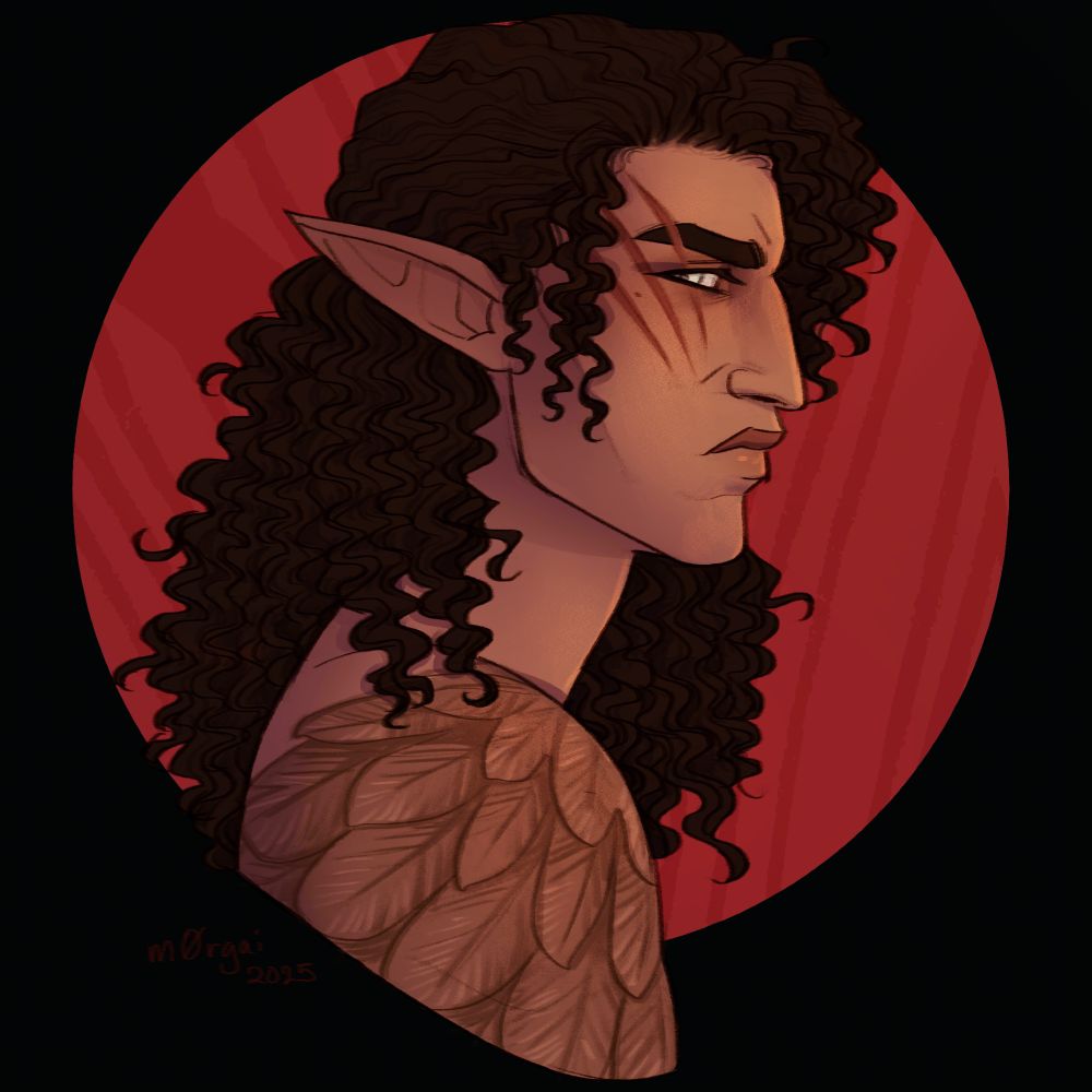 Portrait of an elven oc on a dark background framed by a blood red circle. He has tan skin and curly dark brown hair. Scars cut through his eyebrow and a wing tattoo is visible on the top portion of his shoulder. He looks at the viewer with a stern expression. 
