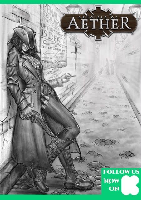  black and white digital drawing for the TTRPG Crucible of Aether depicts a woman with mouse-like facial features leaning her back against a brick wall in an alleyway. She is wearing a greatcoat and tricorn had as well as boots. She is balancing a knife on one finger and holds a flintlock pistol in the other hand. Behind her is a sign that says "penalty for unlawful posession of firearms is death by decree of Empress Loretta Pendry V within imperial dominion." In the background is a couple in victorian garb and a small child in a dress.
