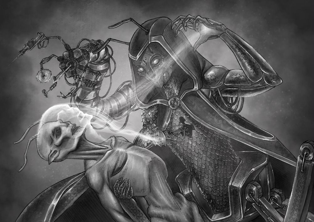 A black and white image for the ttrpg Crucible of Aether depicts a mechanically augmented undead priest harvesting the soul of a follower.

