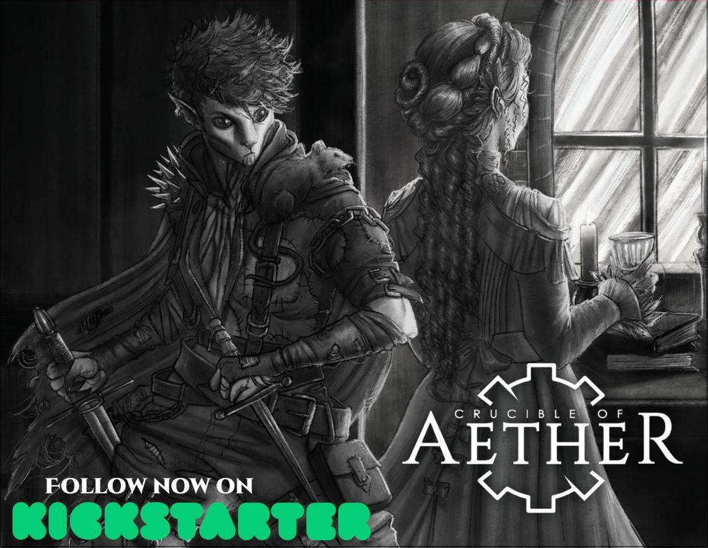  black and white digital drawing for the TTRPG Crucible of Aether depicts two figures. The first is a woman with bird-like features wearing a dress and looking out a window. She is holding a goblet in one and and oblivious to the second figure. The second figure has mouselike facial features and is wearing tattered clothes, bits of armor and many pouches. The second figure also has a rat on one shoulder and is wielding two knives as they stalk behind the first figure.
