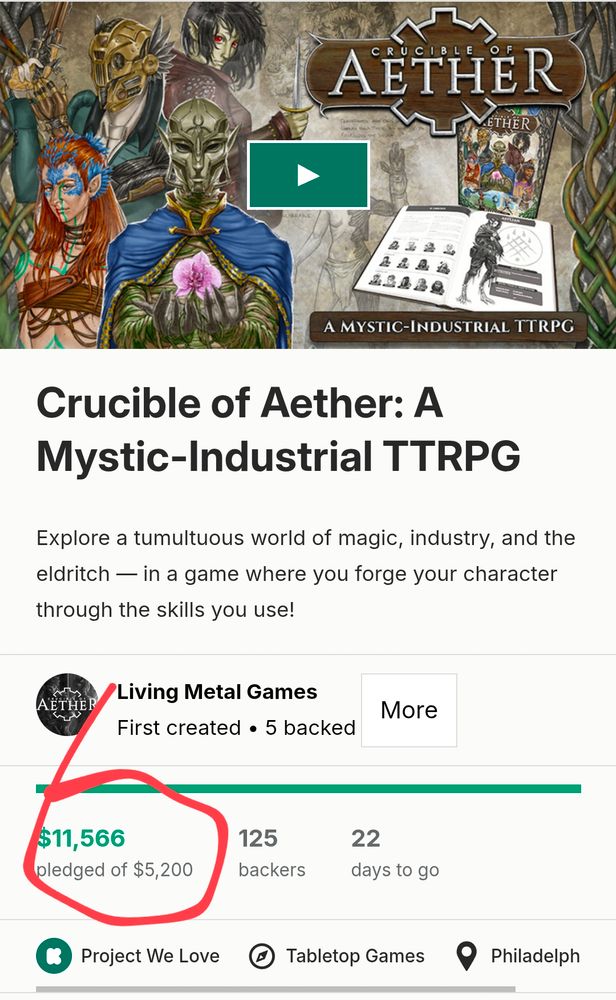 A screenshot of the Crucible of Aether project page on Kickstarter 