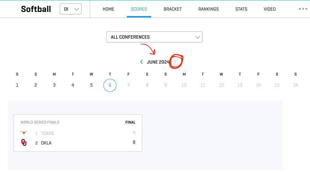 screenshot of NCAA website, showing that the softball schedule ends in June 2024 