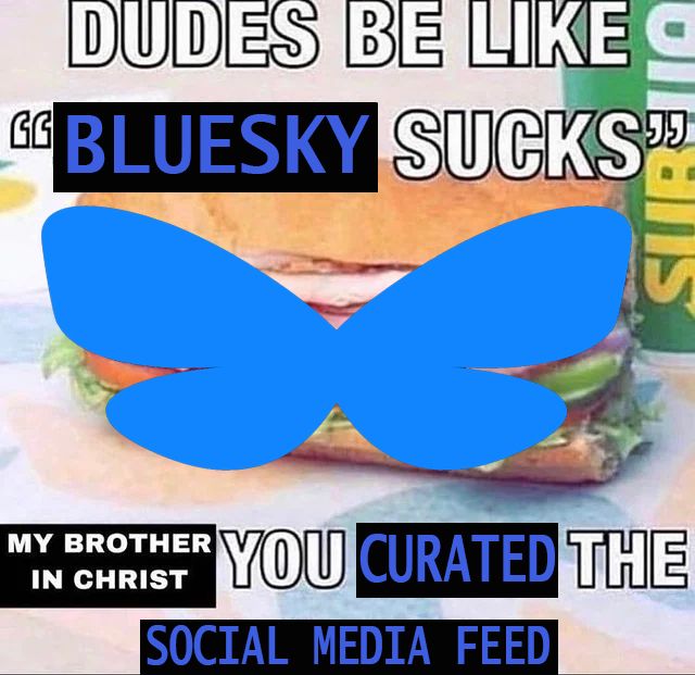 "my brother in christ you made the sandwich" meme but it reads "DUDES BE LIKE BLUESKY SUCKS - MY BROTHER IN CHRIST YOU CURATED THE SOCIAL MEDIA FEED"
