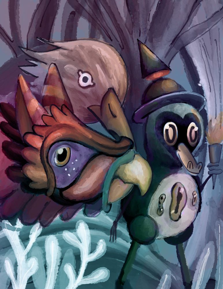 Colorful illustration of monsters walking through a forest