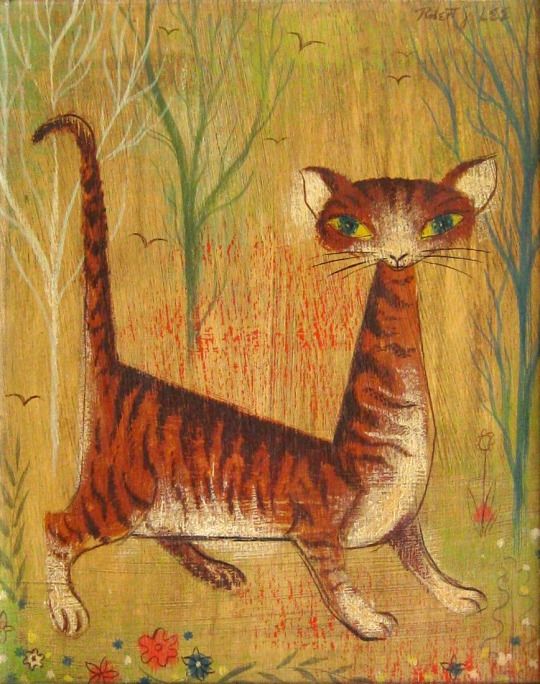 A weird-looking tabby cat, a pastel, with a long body and long neck. 