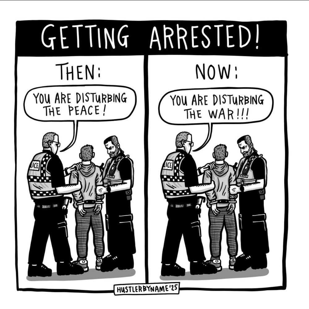 Illustration of two identical panels of a person being arrested.

On the left "Then" - The police office says "You are disturbing the peace!"

On the right "Now" - The police office says "You are disturbing the War!!!"