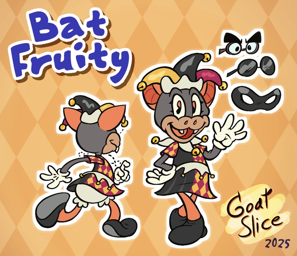 a reference sheet for Bat Fruity, a toony harlequin jester bat.