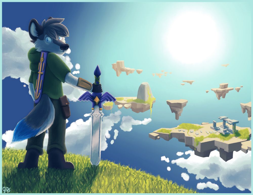Digital painted illustration of a grey wolf dressed as Link from the Legend of Zelda, standing in front of a floating island landscape, turning his head back towards the viewer