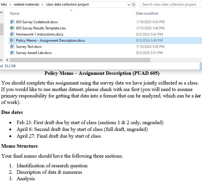 showing files for a class data collection project (codebook, survey results template, homework instructions, policy memo assignment description, survey text, survey-based lab). a preview of the policy memo assignment description is also shown, indicating project should use data from survey that the class jointly collected. three drafts are due, and the memo should be structured with 3 section: (1) identifying a research question, (2) description of data & measure, and (3) analysis.