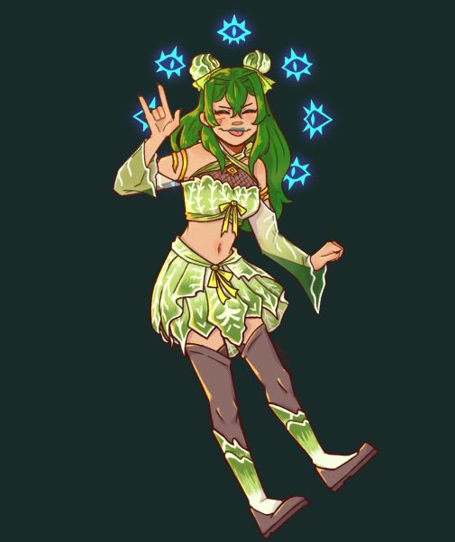 eyevris vtuber in a "lettuce waifu" outfit

pose: left hand holding middle and ring finger down while eyes closed with tongue out
