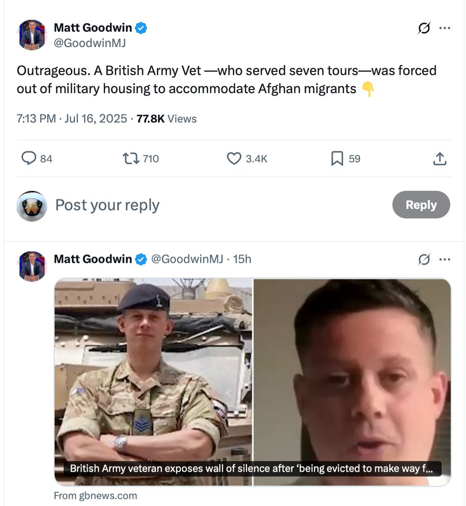 Tweet from Matt Goodwin:
Outrageous. A British Army Vet —who served seven tours—was forced
out of military housing to accommodate Afghan migrants
Plus pictures of the Army Vet for a GB News article