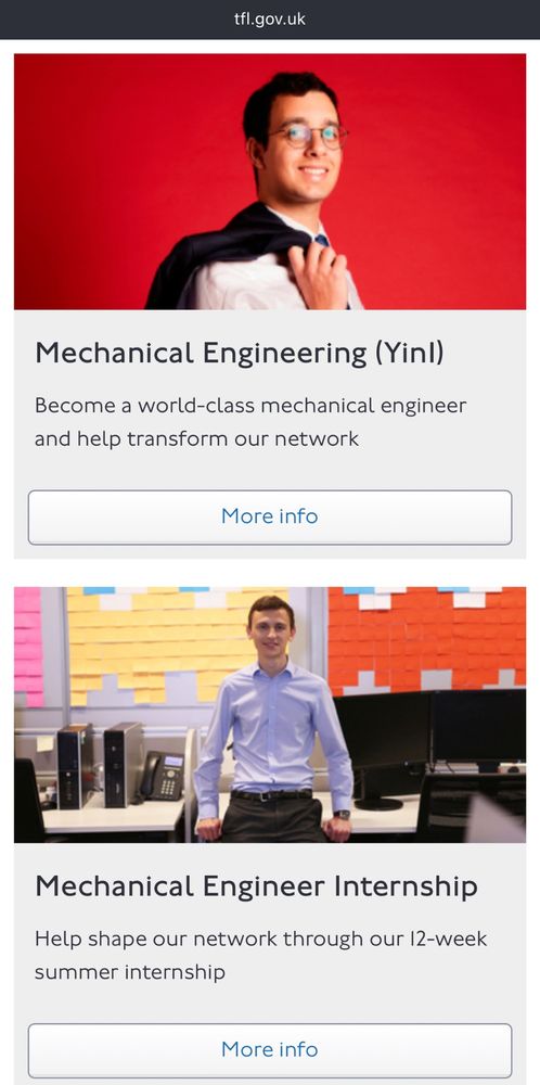 Screenshot from the TfL Website showing 2 mechanical engineering internships