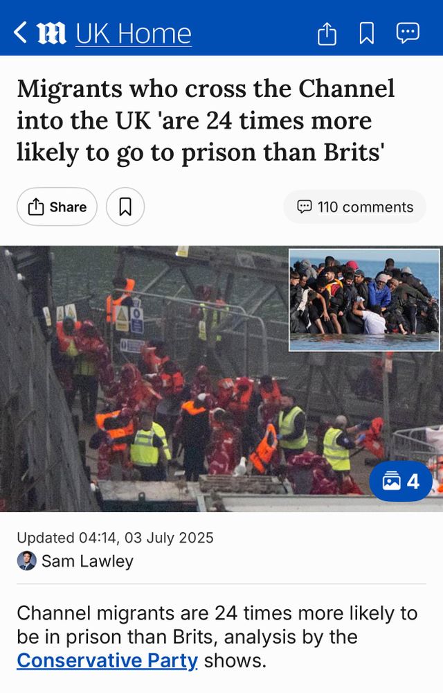 Daily Mail headline:
Migrants who cross the Channel into the UK 'are 24 times more
likely to go to prison than Brits'