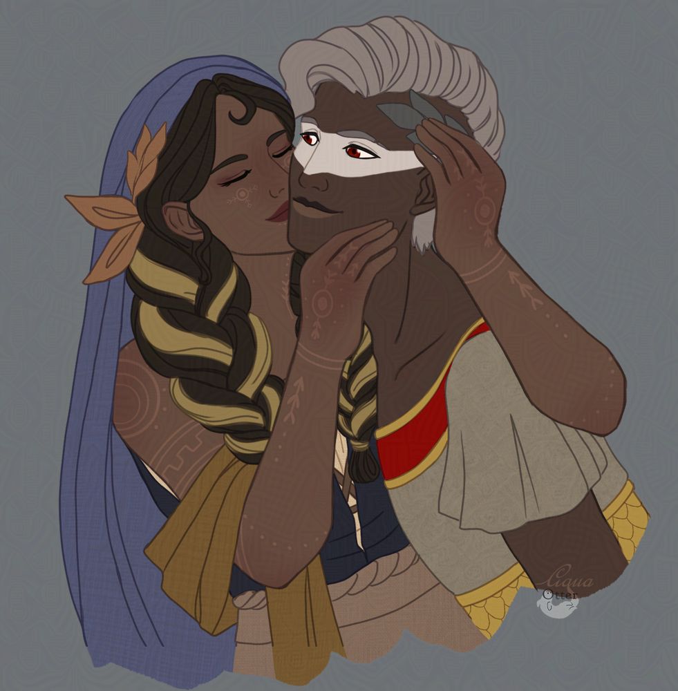 Digital illustration of Hades OC giving Ares a soft kiss on the cheek.