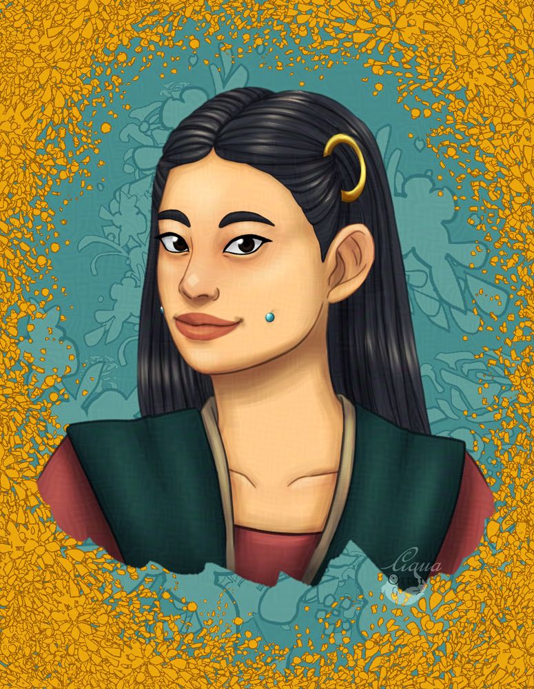 Digital illustration of a young woman with dark plack hair and equally dark eyes. She has half her hair styled up and pulled out of her face with these golden rings. She's wearing a mix of pinks and teals and has her cheeks pierced.