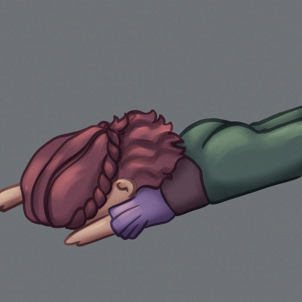 Emote of a girl wearing purple and green with long pinkish hair; faceplanting on the ground