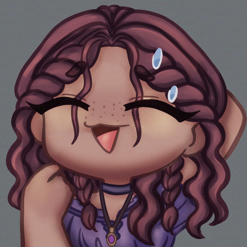 Emote of a girl wearing purple and green with long pinkish hair; laughing nervously